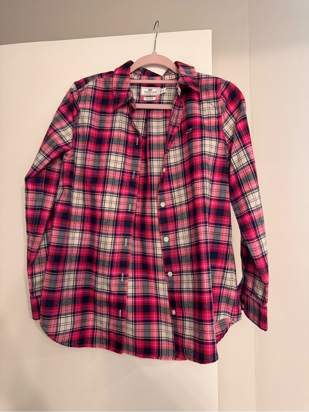 Vineyard Vines Pink and Navy Plaid Relaxed Button-Down